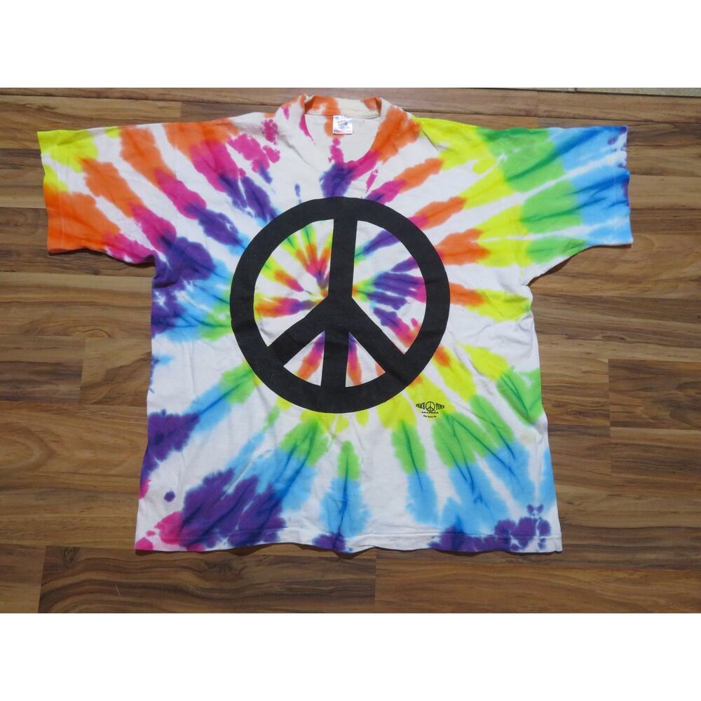 Peace Symbol Tye Dye Green Yellow Purple T-shirt Sz XL 1990s